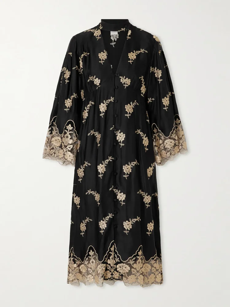 Sinalunga floral-embroidered lace-trimmed satin midi dress