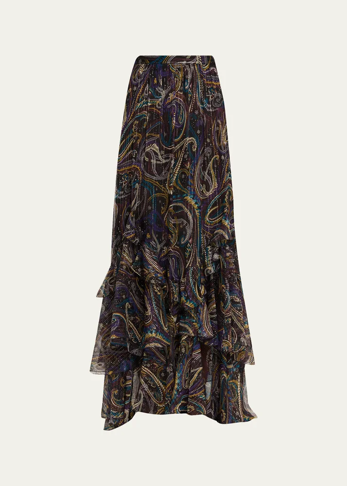 Metallic Paisley Tiered Ruffle Maxi Skirt