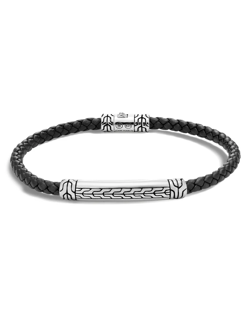 Sterling Silver Classic Chain Black Woven Leather Bracelet