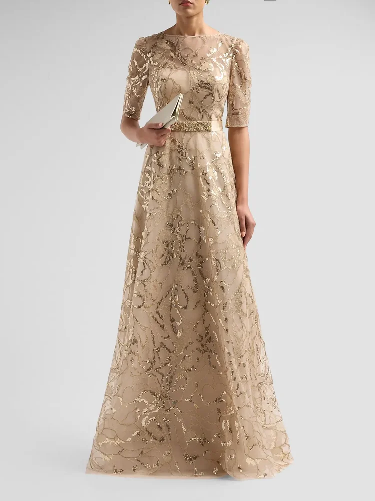 Sequined Floral Tulle Gown