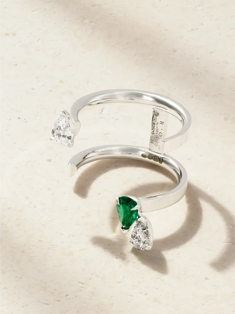 Serti Sur Vide 18-karat white gold, diamond and emerald ring