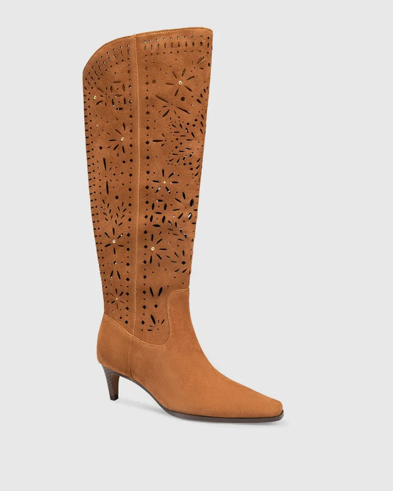 Josh Laser Cut Tall Suede Boot in Caramel