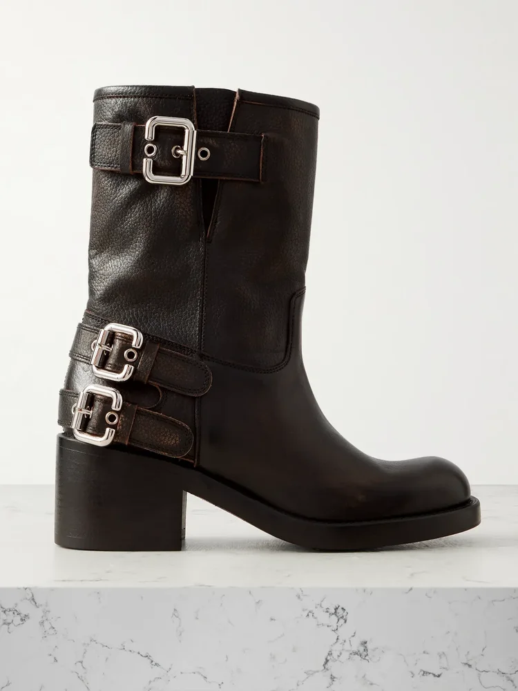 Buckled textured-leather ankle boots