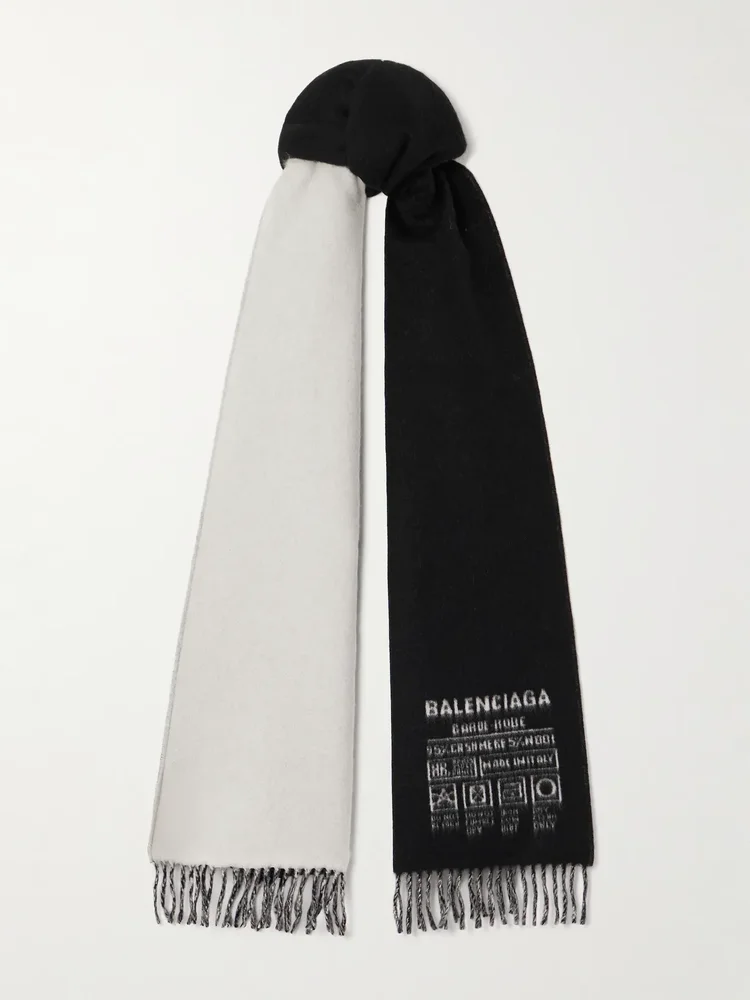 fringed two tone cashmere and wool blend jacquard scarf