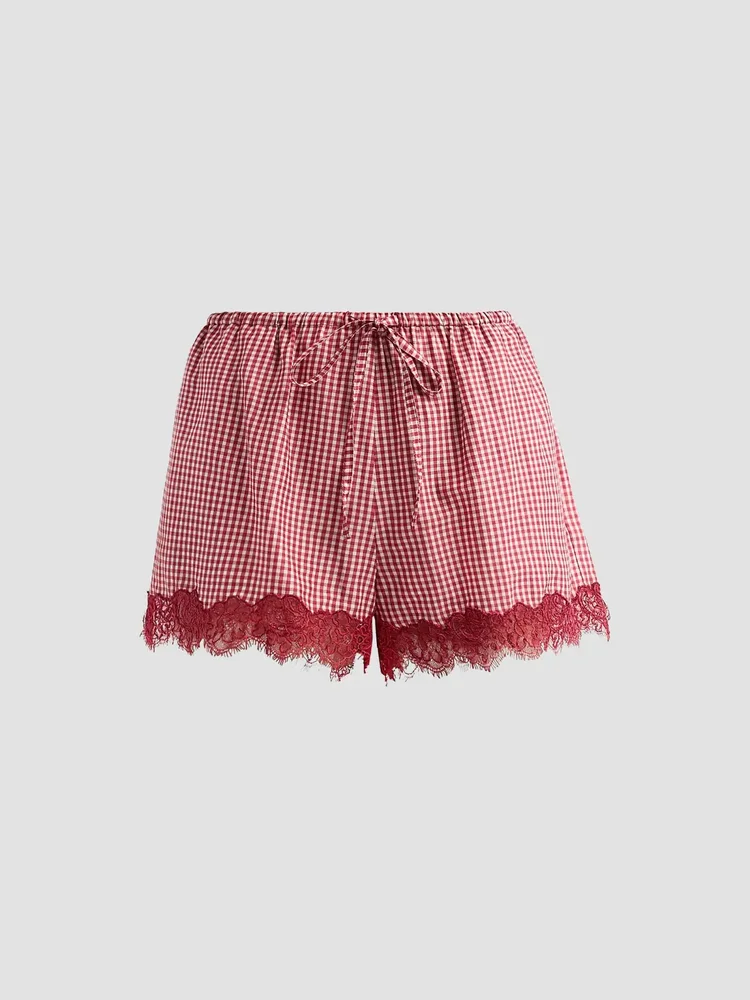 Cassandra Gingham Cotton-Silk Lace-Trim Shorts