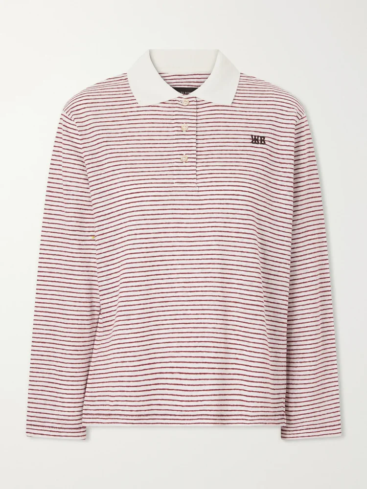 Trust logo-embroidered striped cotton and linen-blend polo T-shirt