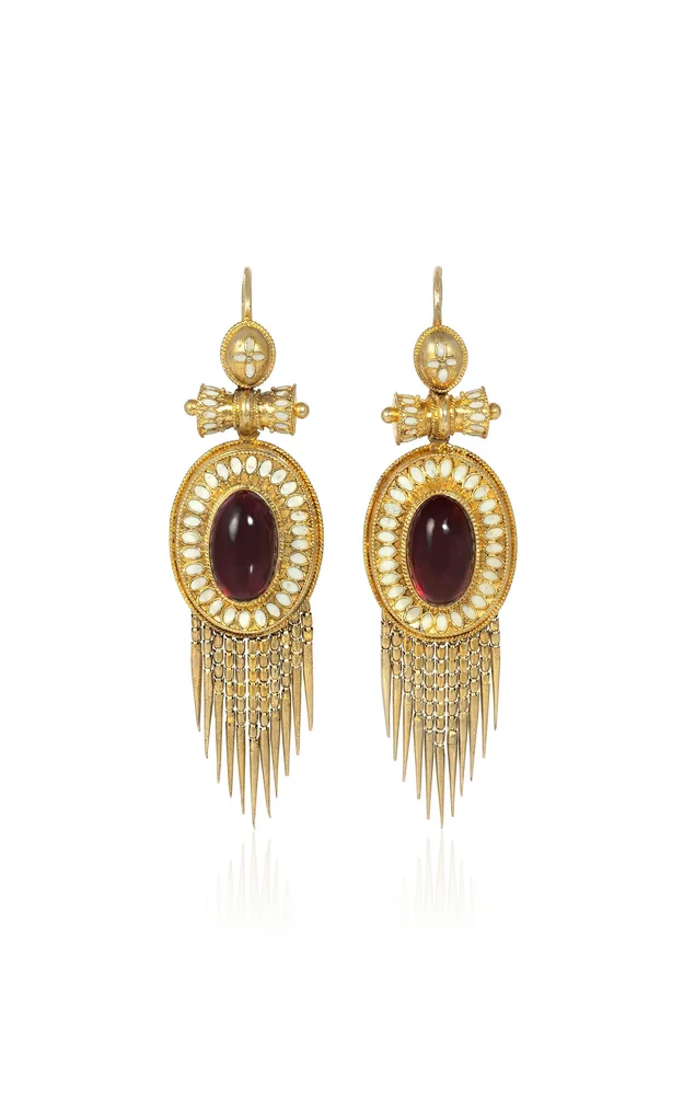 15K Yellow Gold, Garnet, And White Enamel Earrings