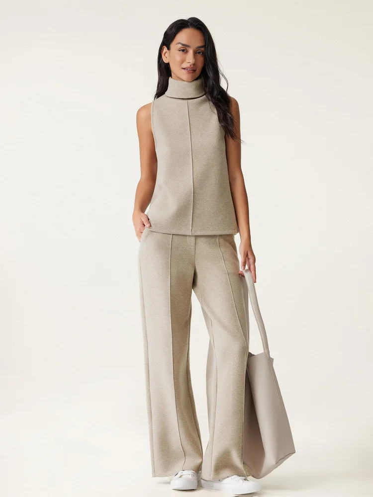 Oglmove 2Pcs Set Regular Split Hem Top & High Waisted Straight Leg Pant