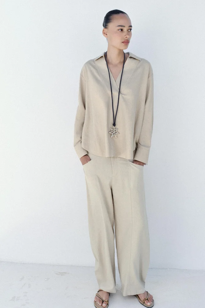 LINEN BLEND POLO COLLAR BLOUSE
