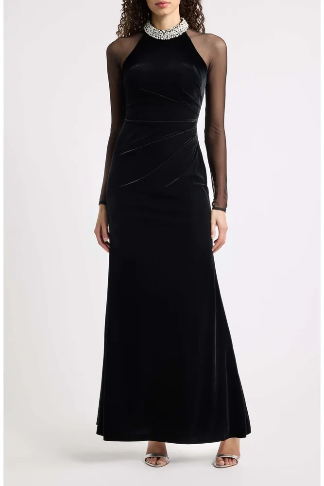 Long Sleeve Stretch Velvet & Mesh Column Gown