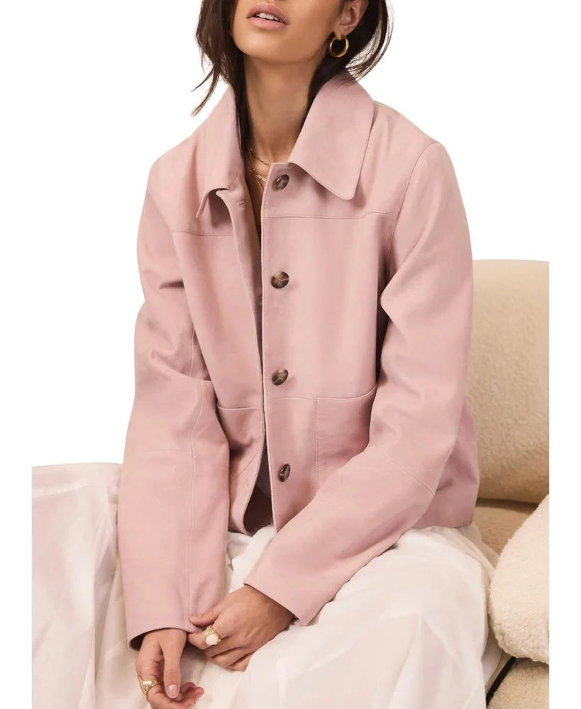 Women's Suede Jacket with Classic Collar & Button-Front Pockets
