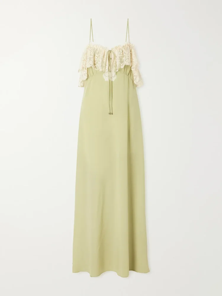 lace trimmed silk crepe de chine maxi dress