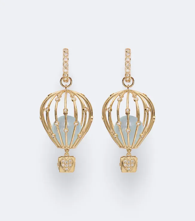 Hot Air Balloon 14kt gold hoop earrings with aquamarine and diamonds