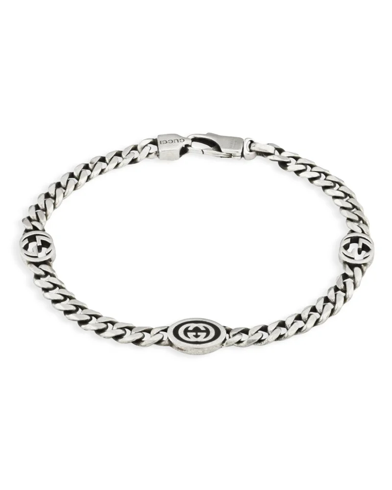 Sterling Silver Black Enamel Double G Logo Curb Link Chain Bracelet
