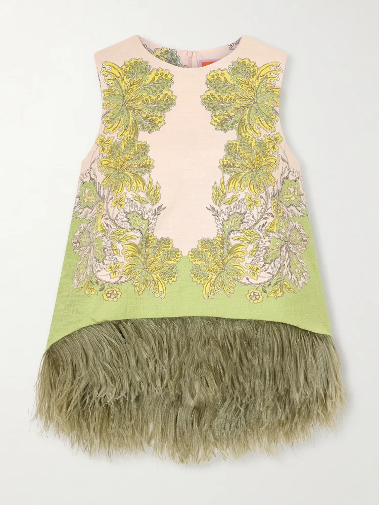 La Scala printed feather-trimmed cotton-blend top