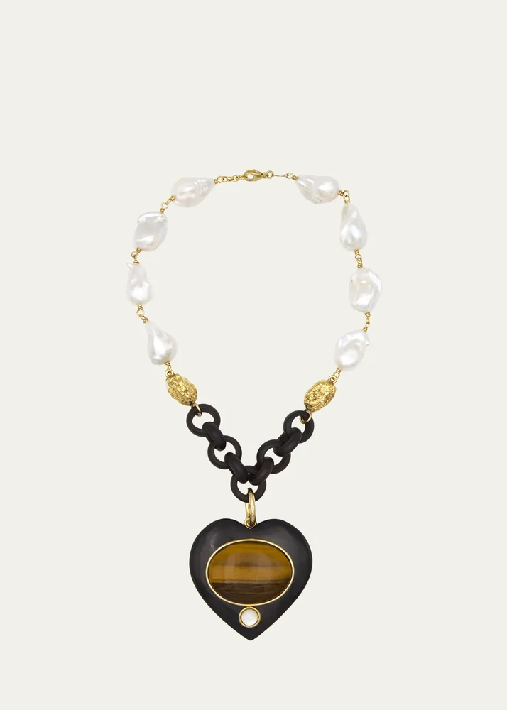 Ebony and Pearl Necklace with Tiger's Eye Heart