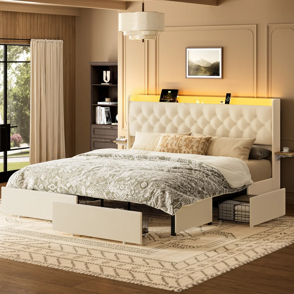 Coba Upholstered Platform Bed with Storage Drawers and Charging Station