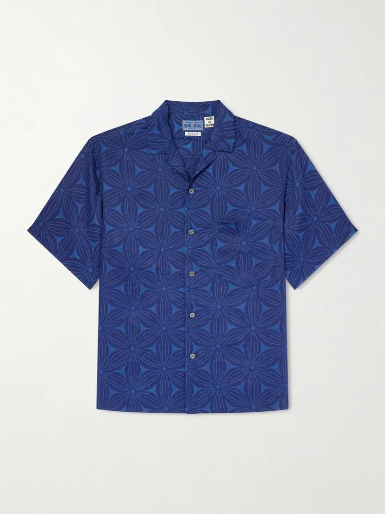 Sakura Camp-Collar Indigo-Dyed Floral-Print Linen Shirt