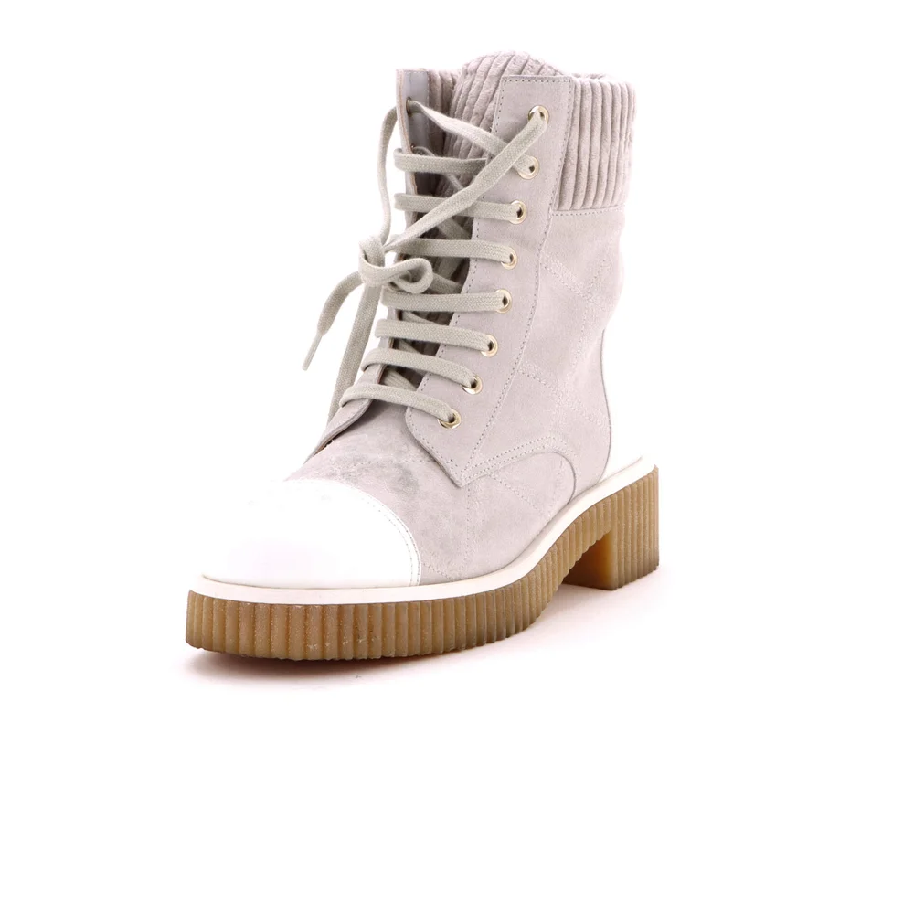 Pre-Owned Women's CC Cap Toe Combat Boots Quilted Suede with Leather, Size US 8.5 (IT 38.5)