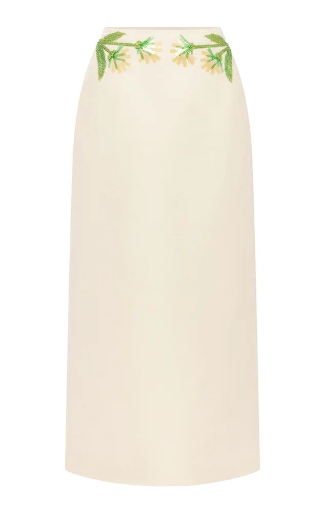 Quinn Floral-Embellished Mid-Rise Wool-Silk Midi Skirt