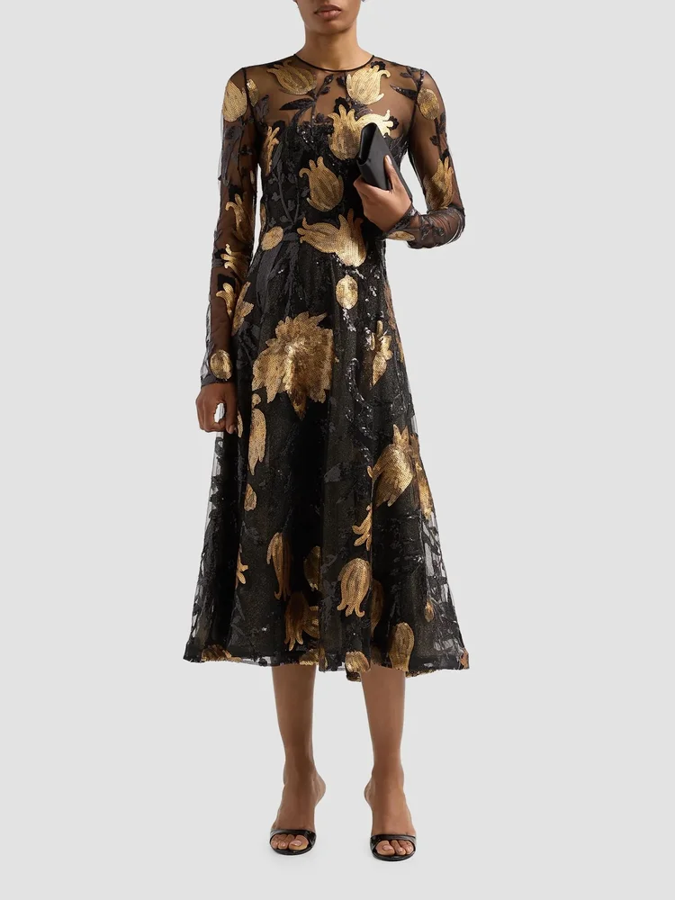 Sequined Lace Long-Sleeve Illusion Midi Cocktail Dress