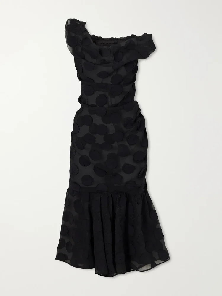 Flocked chiffon polka-dot midi dress