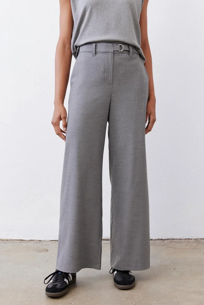 Belted Wide Leg Trousers, Pebble Melange