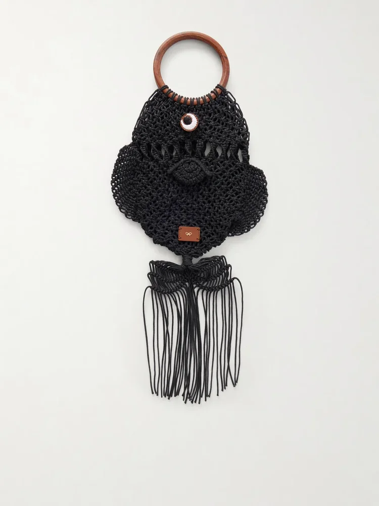 Macrame leather-trimmed cotton clutch