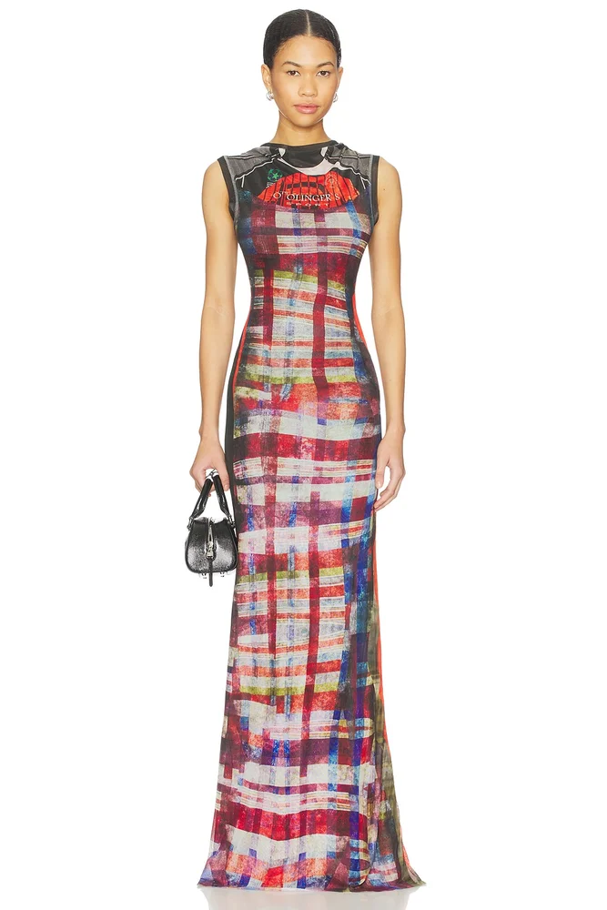 Mesh Maxi Gown in Racing Plaid