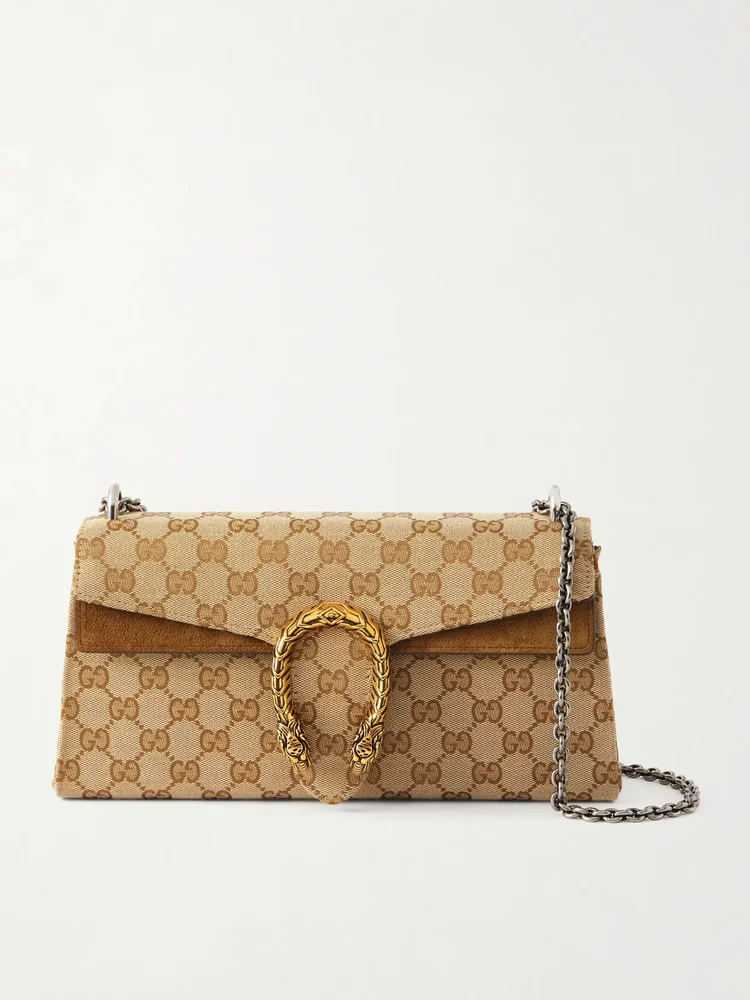 Dionysus small embellished suede-trimmed coated canvas-jacquard shoulder bag
