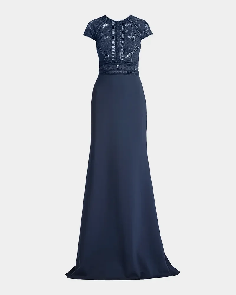 Braid-Trim Lace & Crepe Gown