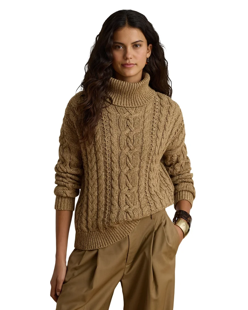 Cotton Marled Turtleneck Cable Knit Sweater