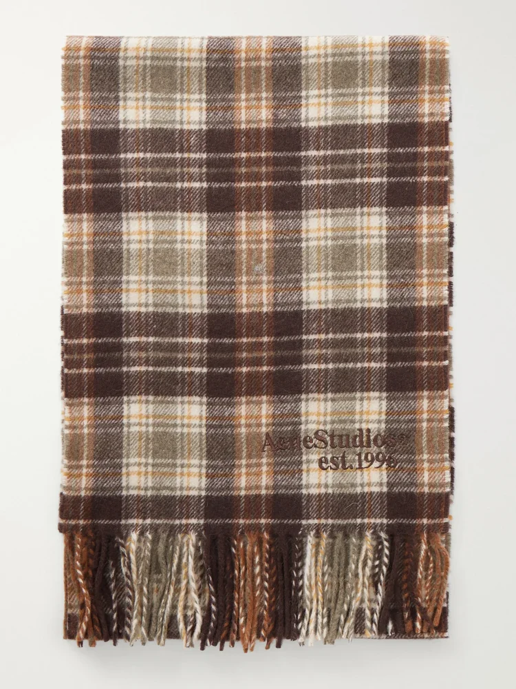 Logo-embroidered fringed checked cashmere and wool-blend scarf