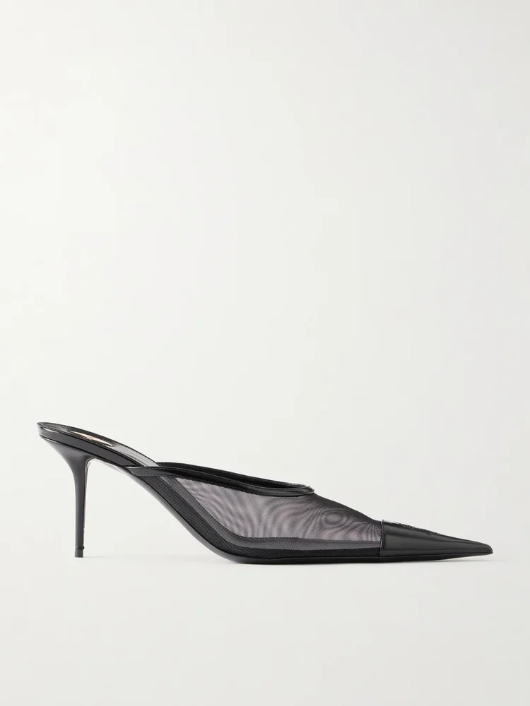 Renée Cassandre-embroidered patent leather-trimmed mesh mules