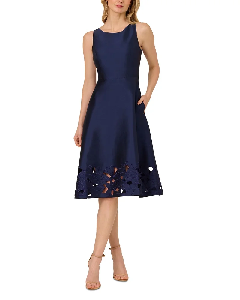 Sleeveless Taffeta Cutwork Fit And Flare Dress