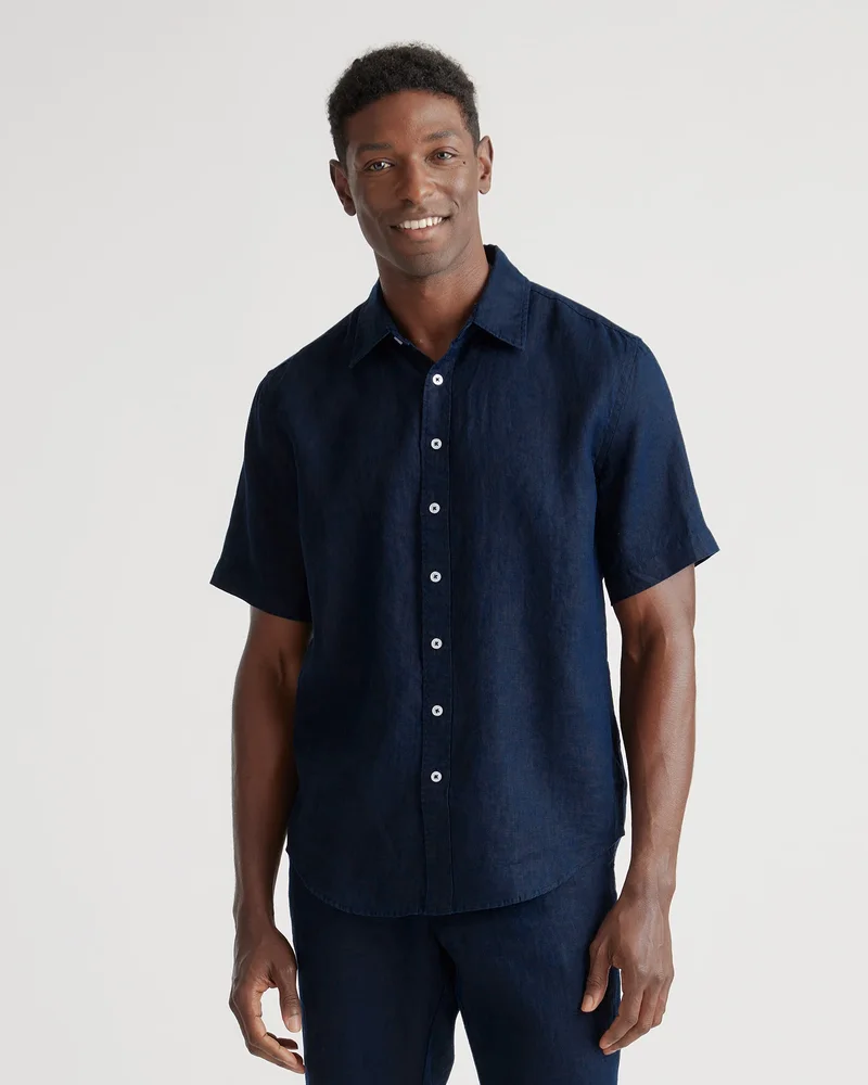 Men's 100% European Linen Short Sleeve Shirt in Deep Navy