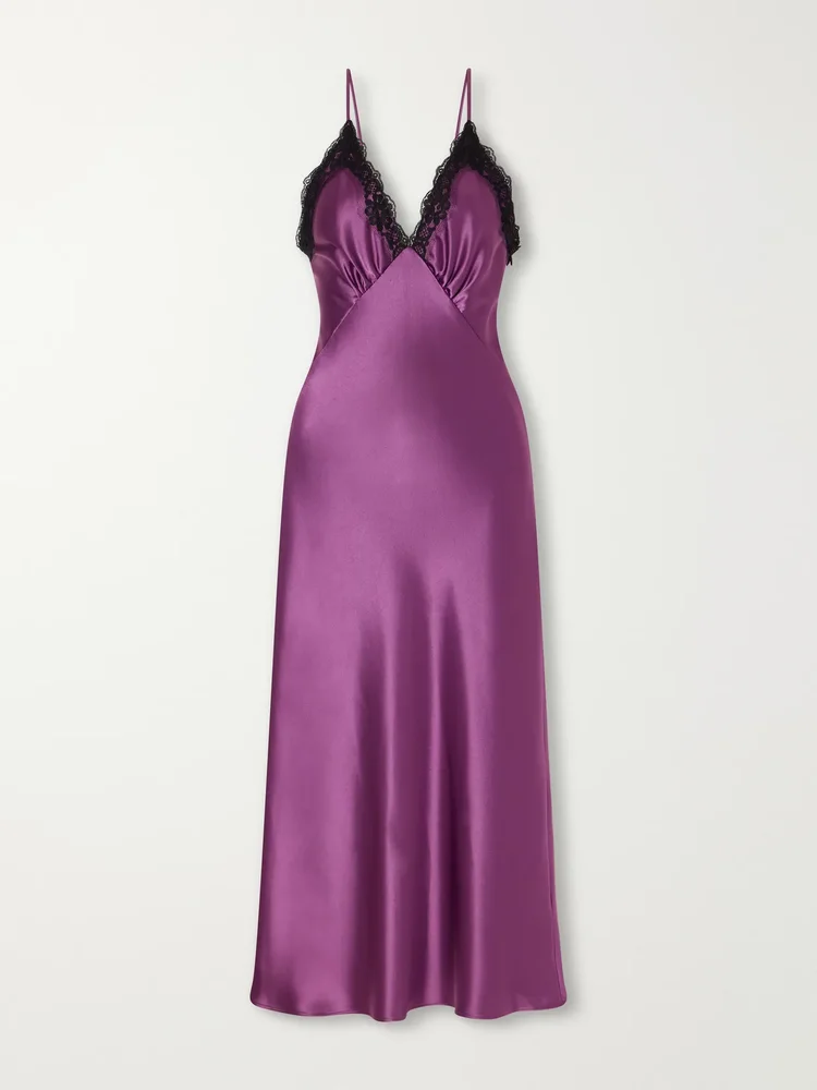 Lace-trimmed gathered satin midi dress
