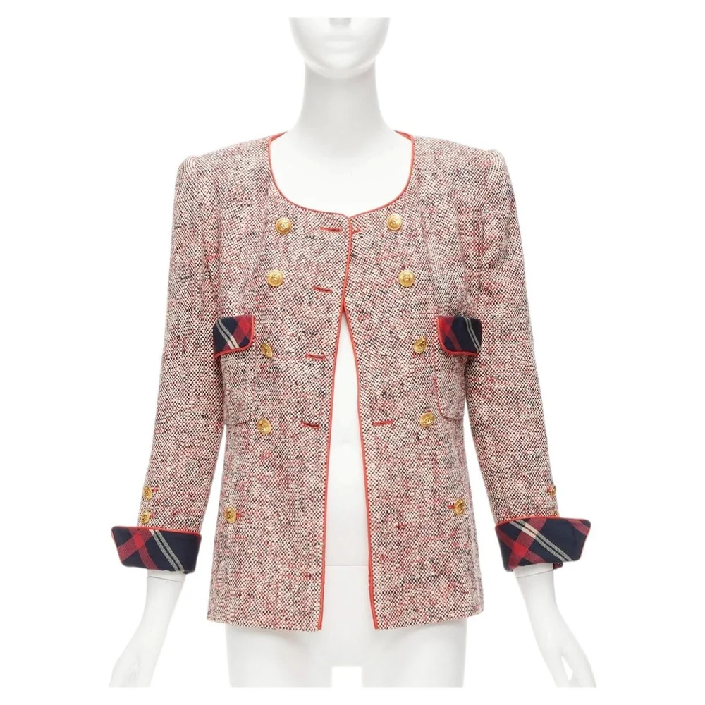 Chanel Vintage red boucle tweed gold button double breasted blazer jacket FR34