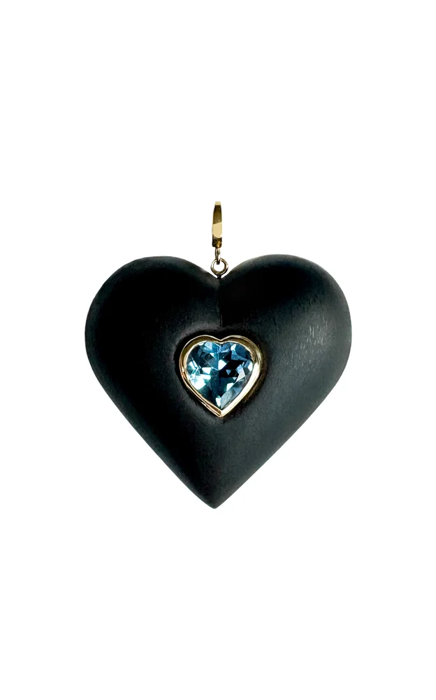 14K Yellow Gold Blue Topaz Ebony Heart Pendant