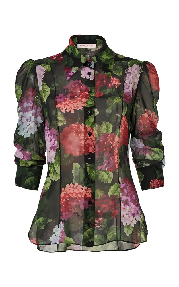 Collared Hydrangea-Printed Chiffon Top