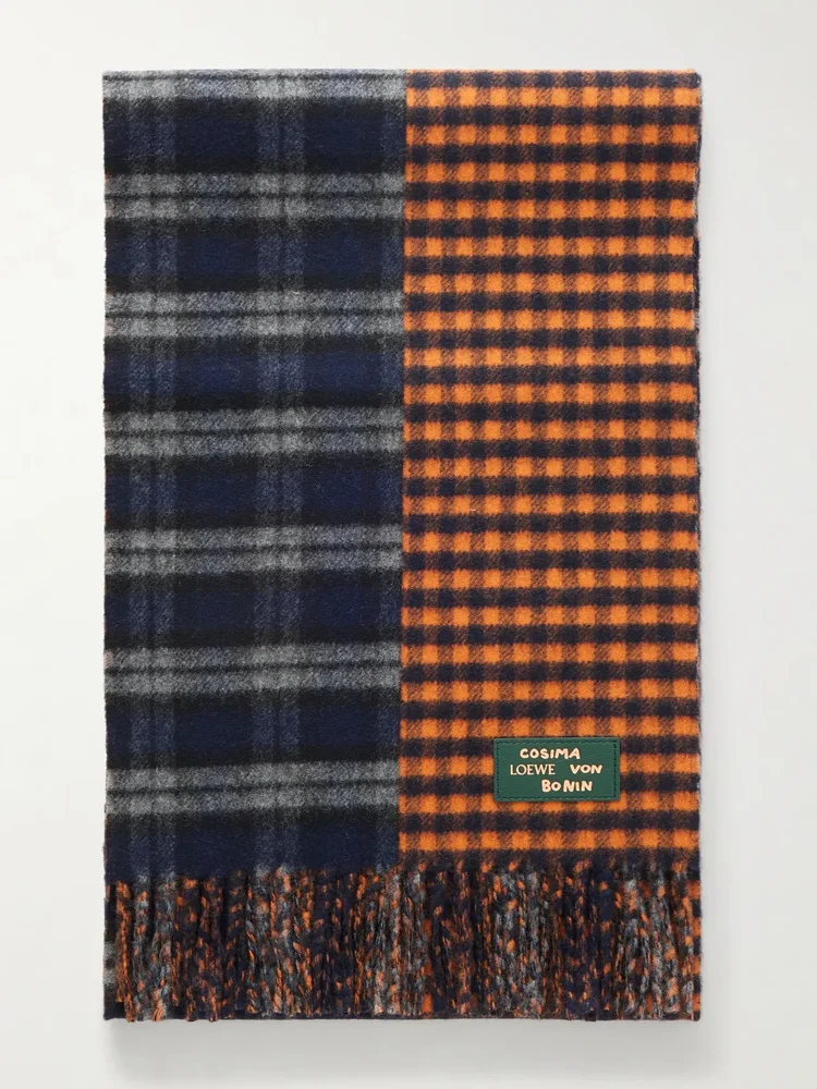 Fringed checked wool and cashmere-blend scarf