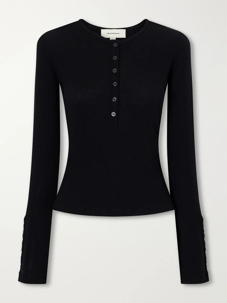 Ribbed merino wool-jersey Henley top