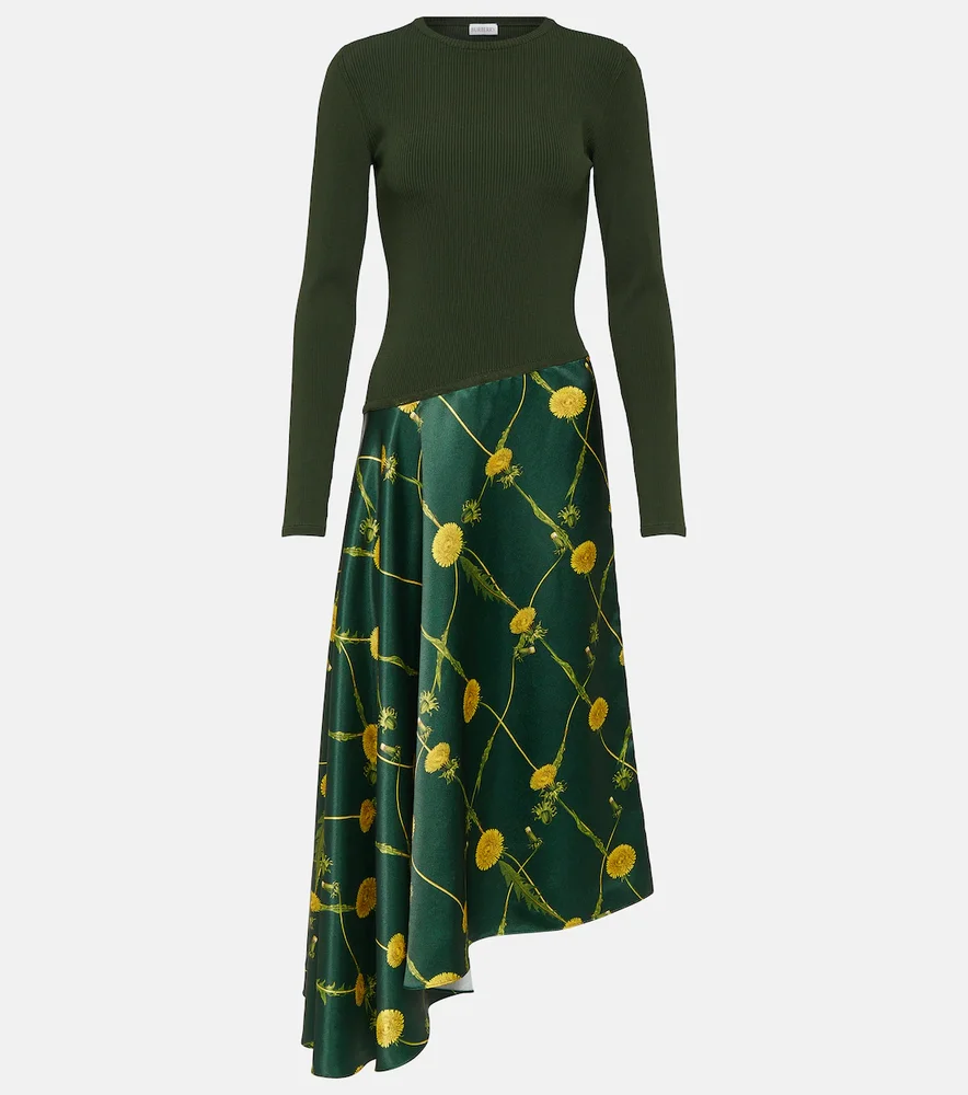 Printed jersey and satin midi dress