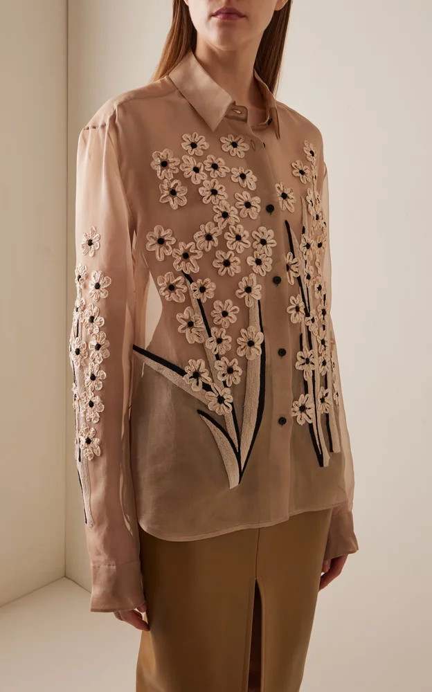 Argo Floral-Embroidered Silk Organza Shirt