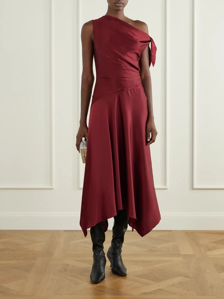 Portia tie-detailed draped silk-satin dress
