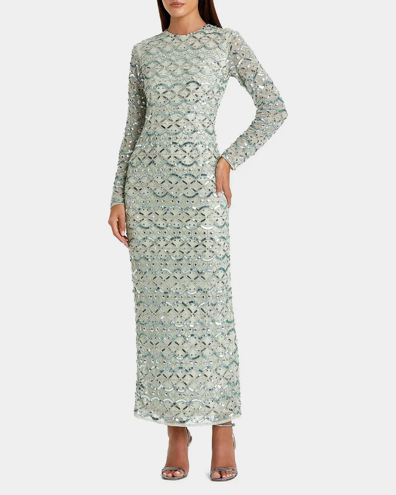 Geometric Embellished Mesh Column Gown