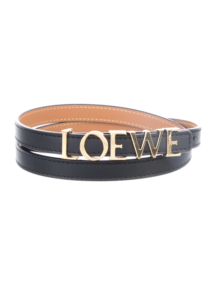 Logo Lettering Skinny Leather Waist Belt (Black)