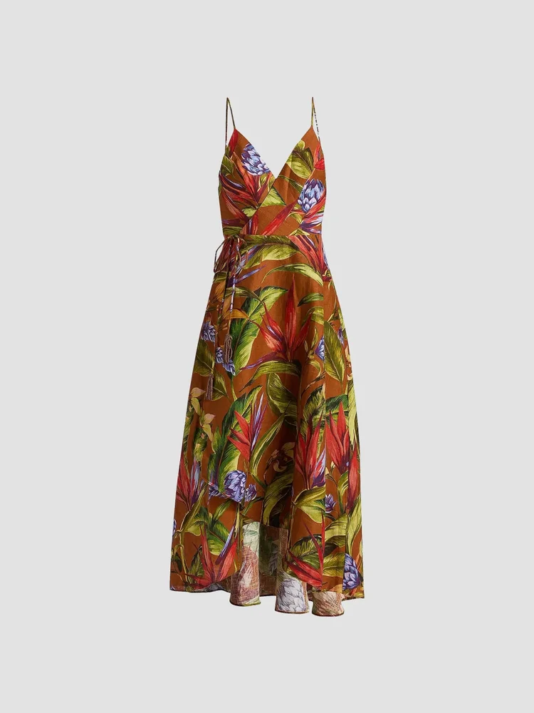 Floral Linen A-Line Midi-Wrap Dress