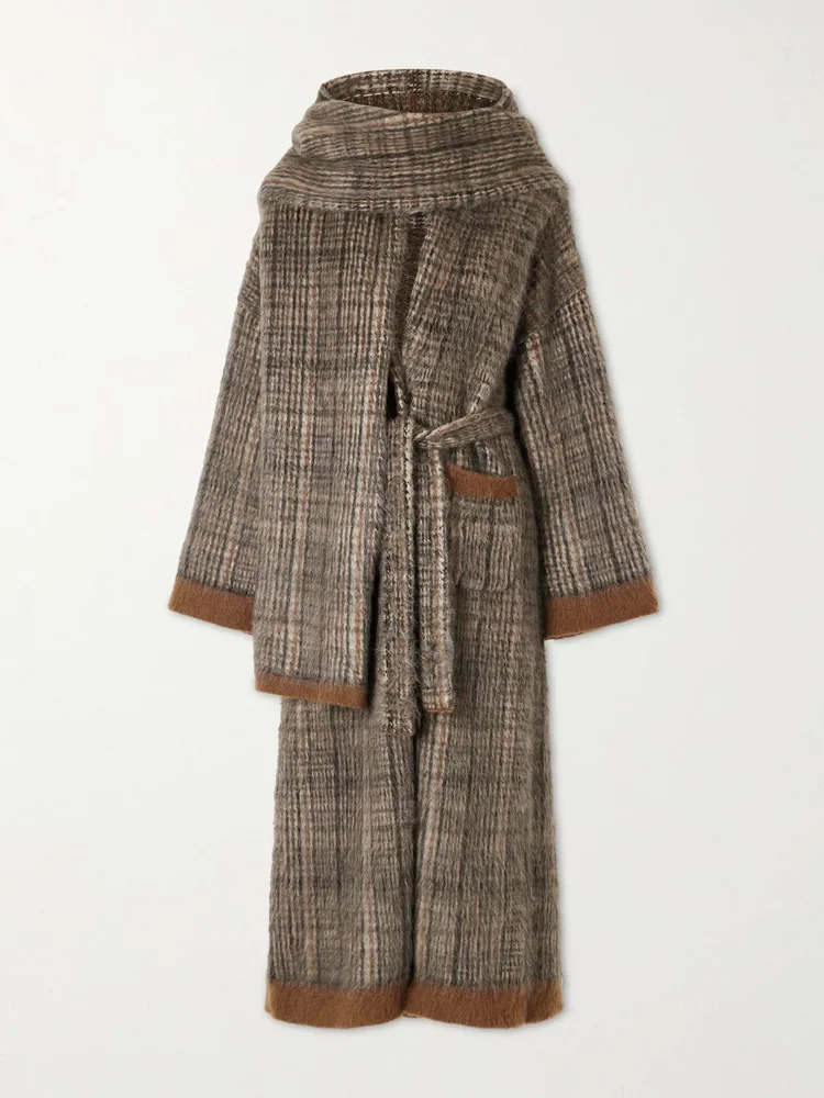 Scarf-detailed belted checked brushed wool-blend coat