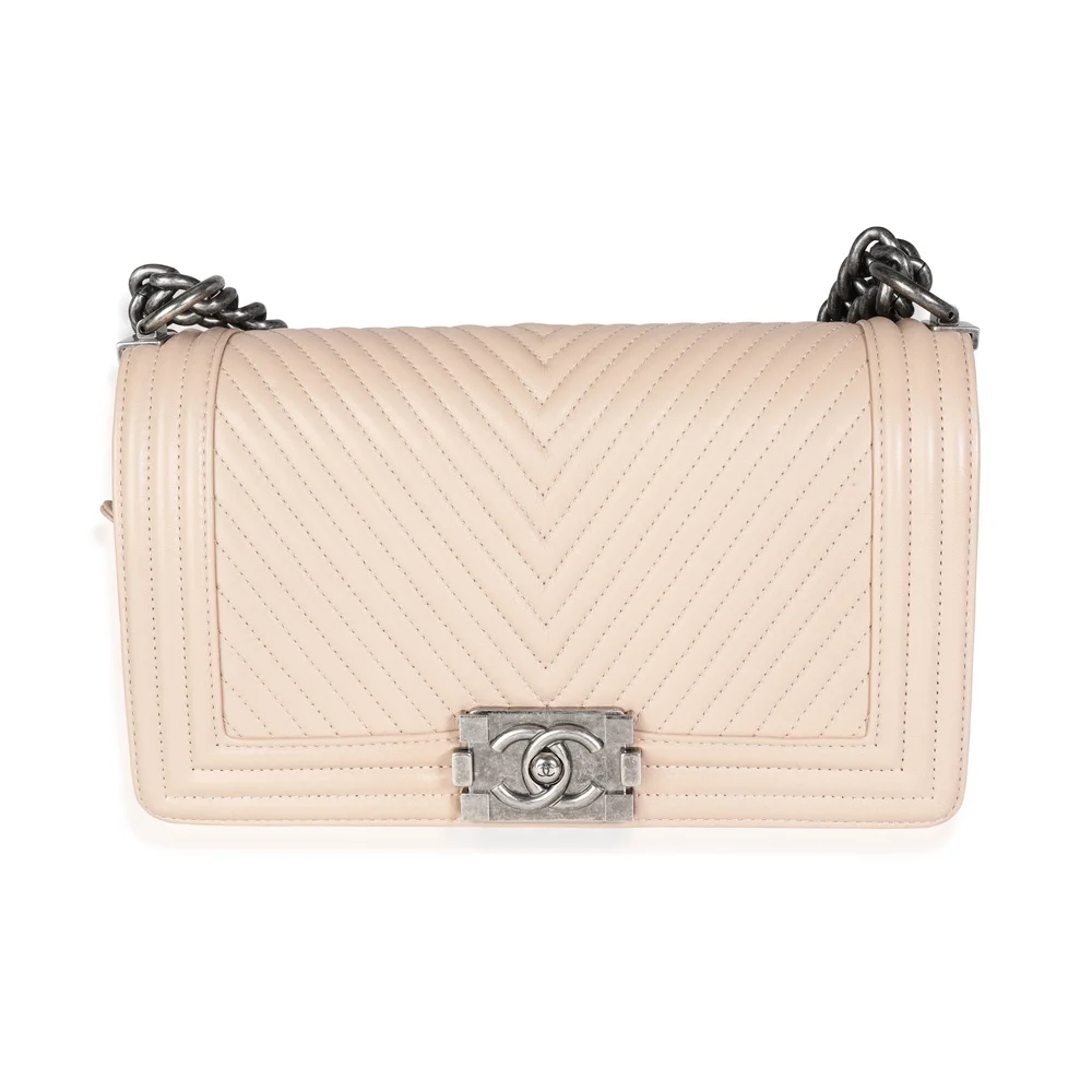 Pre-Owned Light Beige Chevron Quilted Lambskin Medium Boy Bag